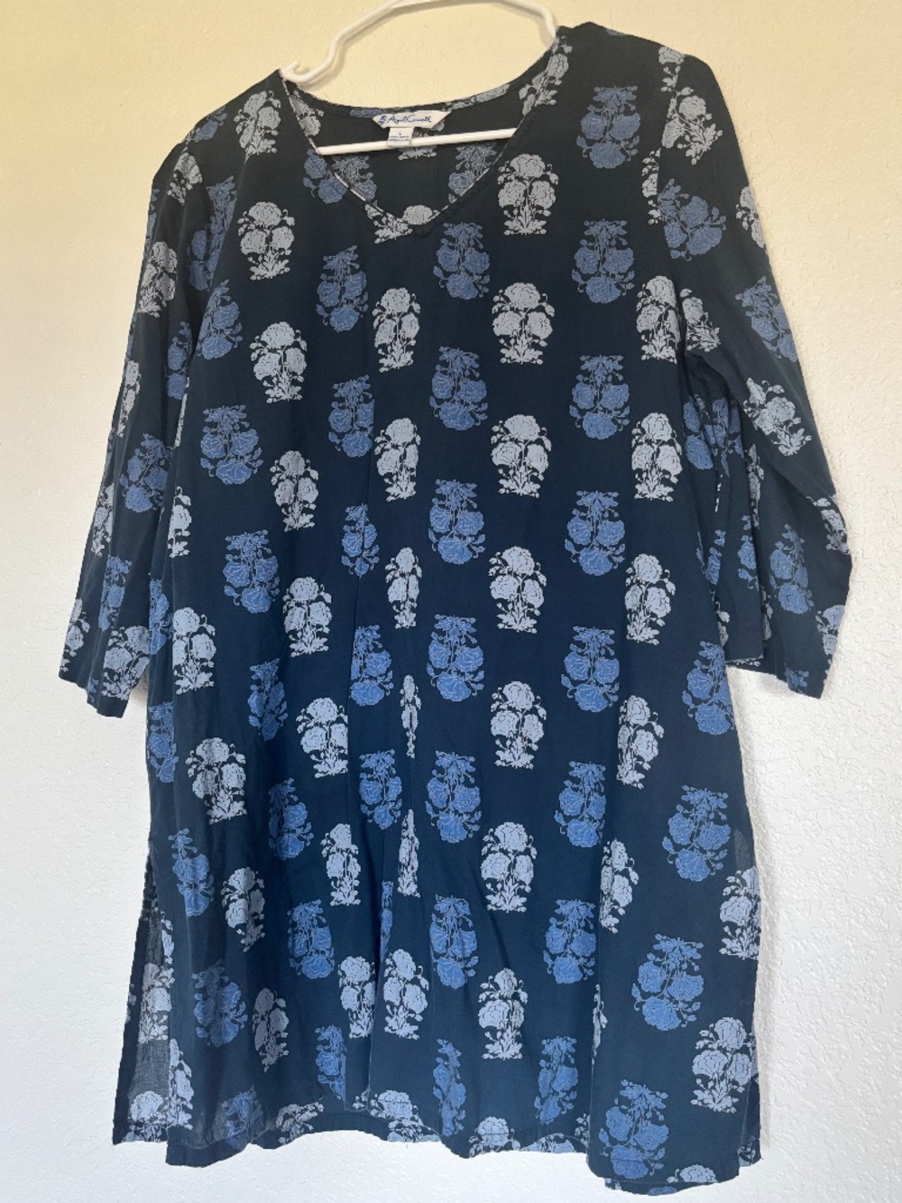 April Cornell Blue Floral Block Print Cotton Tunic Dress Size Large